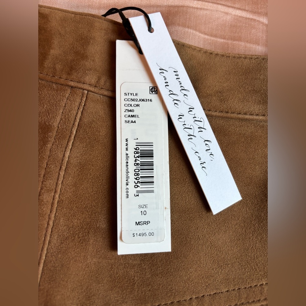 Alice + Olivia Calica Suede Camel Skirt Button-Front A-Line Lambskin - Picture 9 of 9